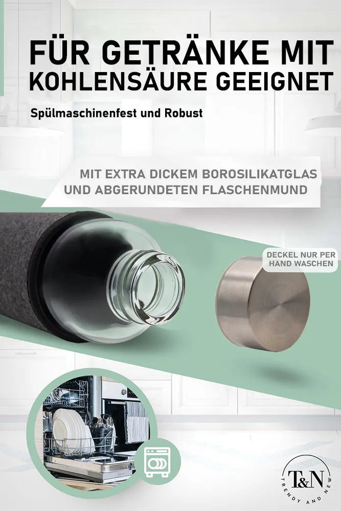 Robuste Glasflasche Spülmaschinen geeignet mit Hülle und extra dickem Glas - TRENDY AND NEW