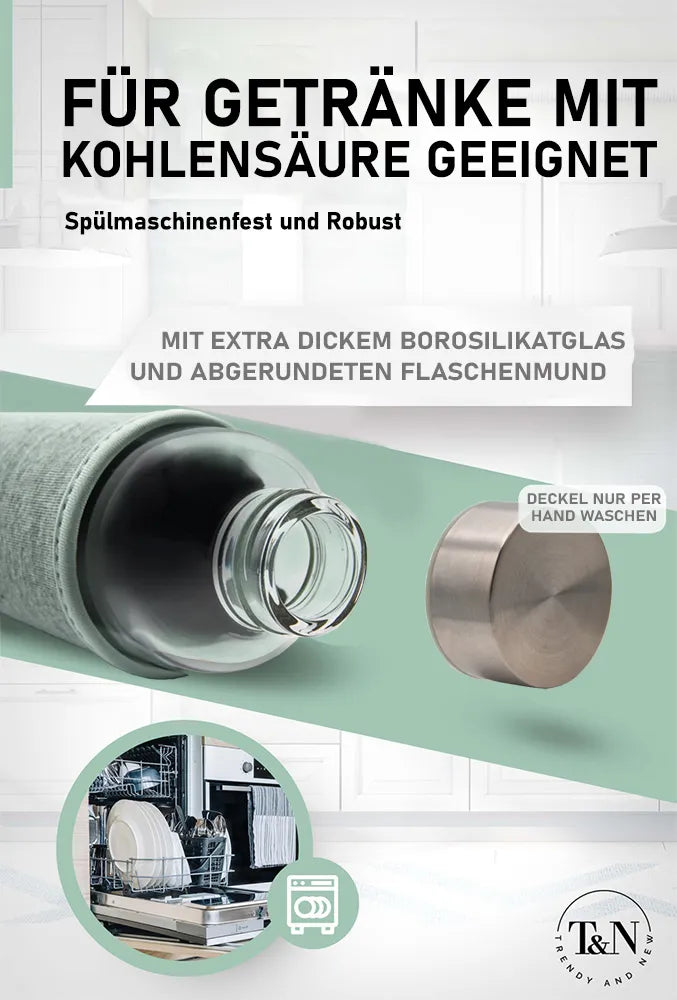 Trinkflasche aus Glas spülmaschinenfest, robust, für Kohlensäure geeignet - TRENDY AND NEW