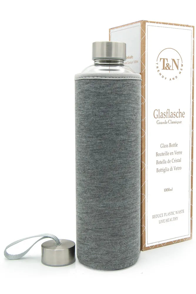 T&N Glasflasche mit grauer Neoprenhülle in 500ml, 750ml, 1 Liter - TRENDY AND NEW