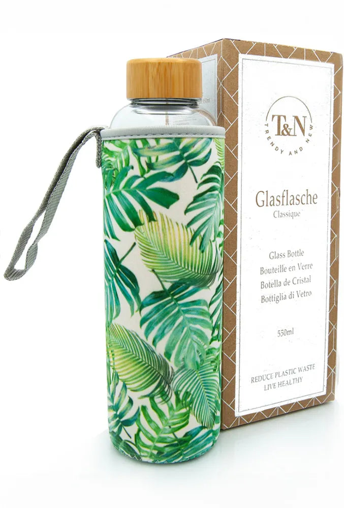 T&N Glasflasche mit Bambus Deckel und Hülle Blatt Muster - TRENDY AND NEW