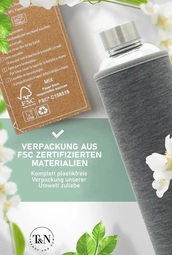 Wasserflasche aus Glas mit plastikfreier Verpackung FSC zertifiziert - TRENDY AND NEW