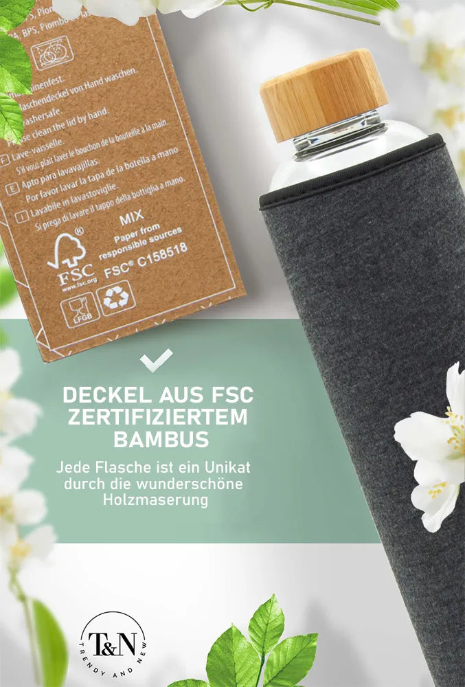 Glasflasche mit FSC zertifiziertem Bambusdeckel und plastikfreier Verpackung - TRENDY AND NEW