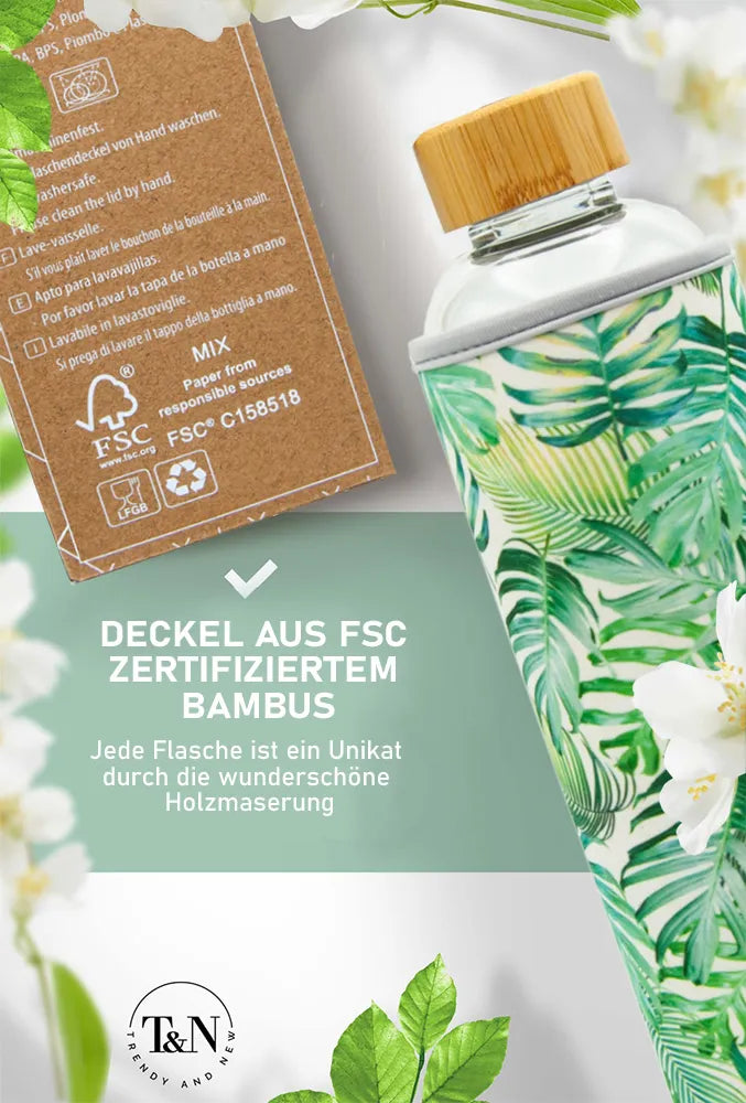 Nachhaltige Flasche aus Glas mit FSC zertifiziertem Bambus Deckel und plastikfreier Verpackung - TRENDY AND NEW