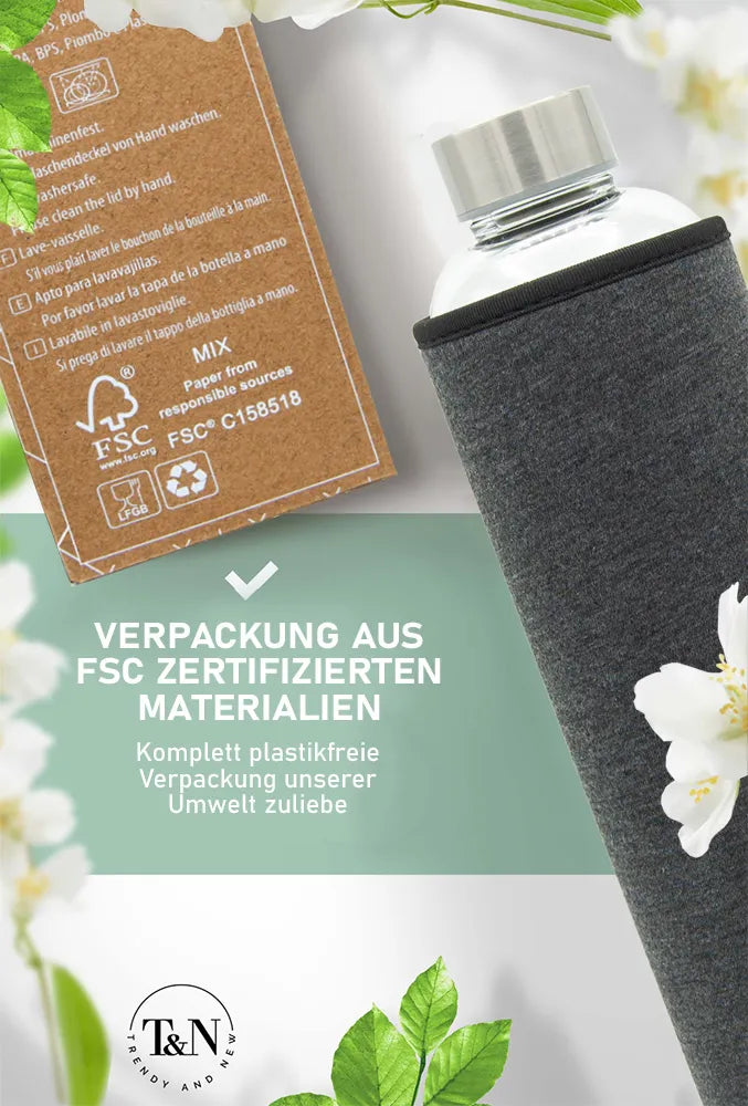 T&N Glasflaschen 500ml, 750ml, 1 Liter mit plastikfreier Verpackung - TRENDY AND NEW