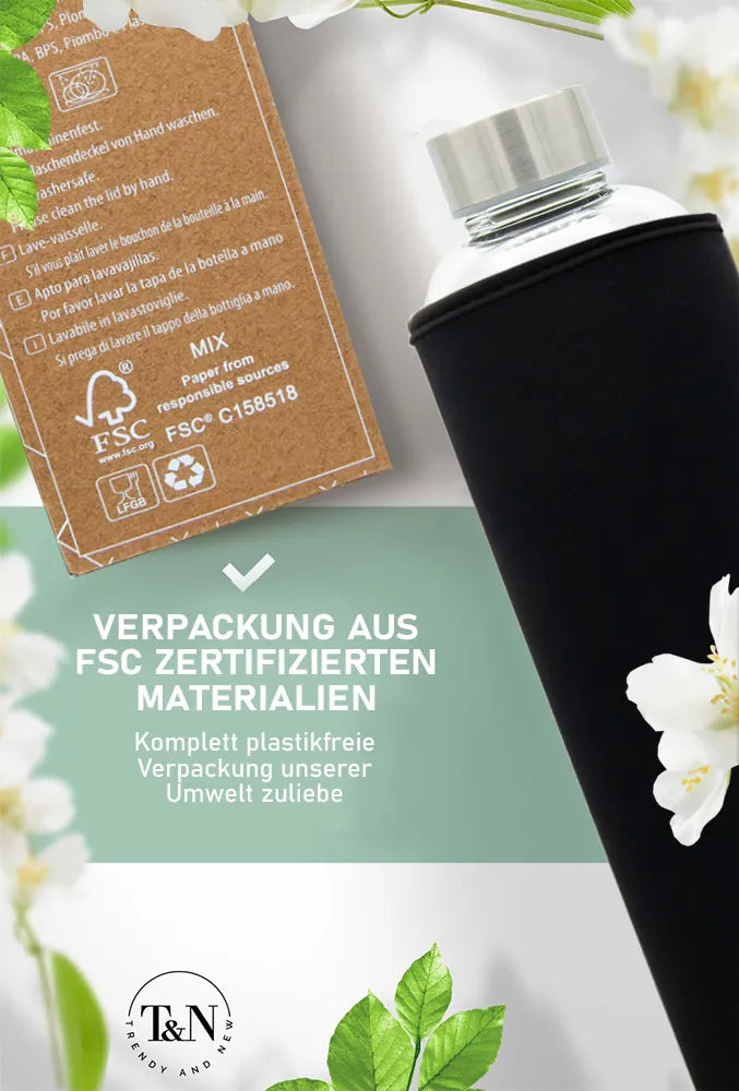 Glastrinkflasche mit plastikfreier Verpackung - TRENDY AND NEW