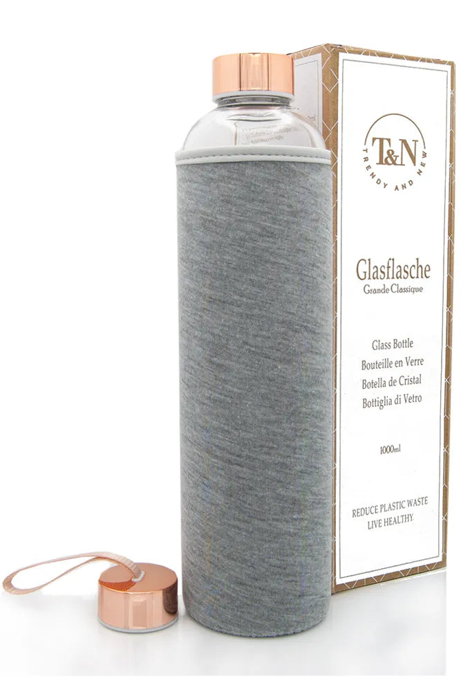 Glastrinkflasche mit zwei Roségold Deckel und Schutzhülle - TRENDY AND NEW