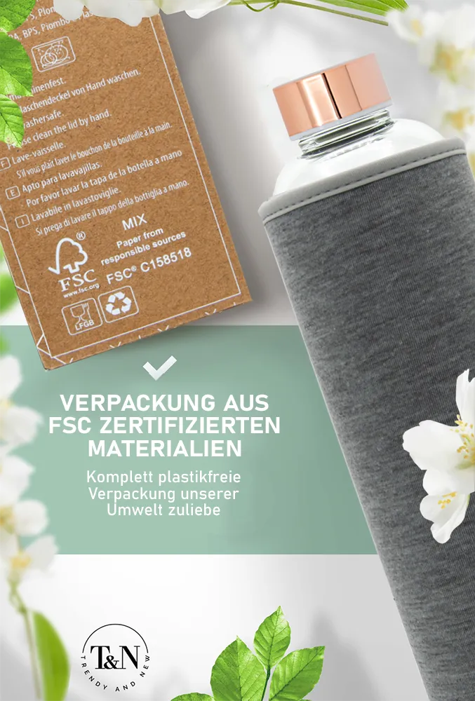 T&N Glasflaschen 500ml, 750ml, 1 Liter mit plastikfreier Verpackung - TRENDY AND NEW