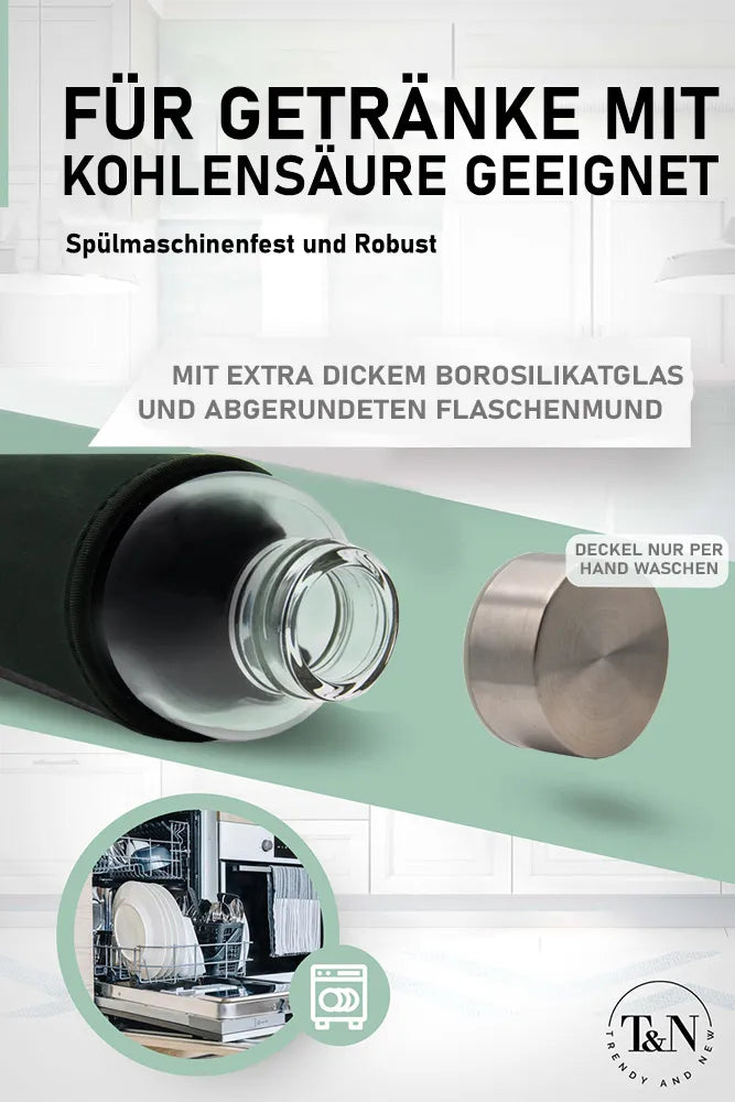 T&N Glasflasche spülmaschinenfest, robust mit Hülle, geeignet für Schule, Büro, Fitness, Yoga - TRENDY AND NEW