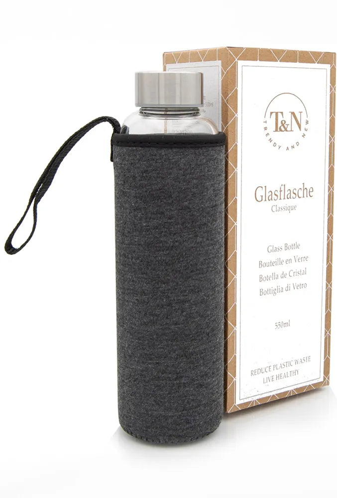 T&N Glasflasche 500ml mit anthrazit Hülle für Kohlensäure geeignet und extra dickem Borosilikatglas - TRENDY AND NEW