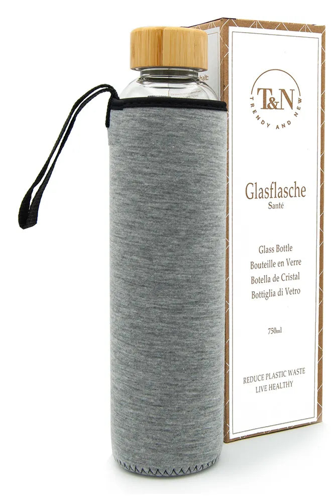 T&N Glasflasche 750ml mit Bambus Holzdeckel für Fitness, Sport und Yoga - TRENDY AND NEW