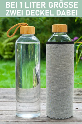 T&N Glasflasche 1l zwei Holzdeckel aus Bambus mit Hülle - TRENDY AND NEW