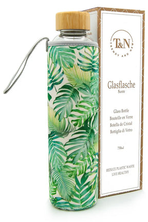 T&N Glasflasche 750ml Tropical Leaves Edition mit Hülle und Bambus Holzdeckel - TRENDY AND NEW