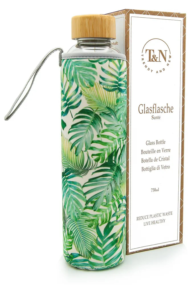 T&N Glasflasche 750ml Tropical Leaves Edition mit Hülle und Bambus Holzdeckel - TRENDY AND NEW