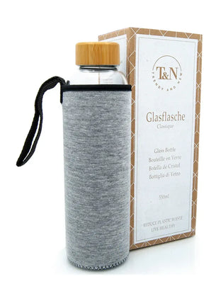 T&N Glasflasche mit Bambus Holzdeckel, Hülle, Kohlensäure geeignet - TRENDY AND NEW