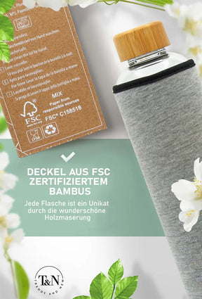 Glasflasche FSC Bambus Holzdeckel mit plastikfreier Verpackung - TRENDY AND NEW