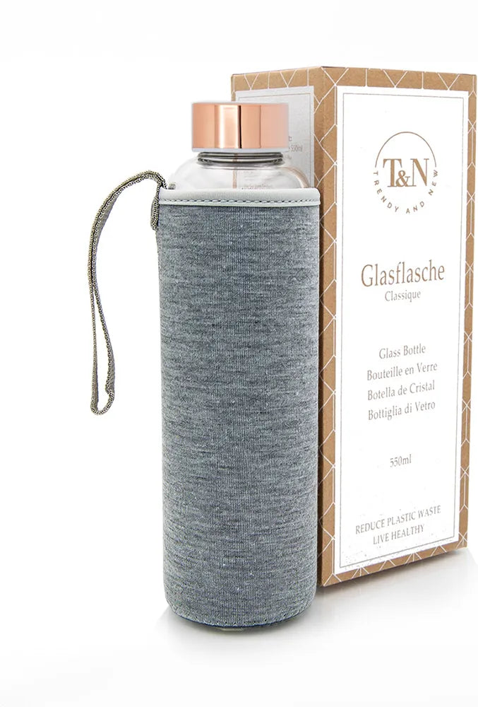 T&N Glasflasche mit Roségold Deckel, grauer Hülle 500ml, für Handtasche geeignet - TRENDY AND NEW