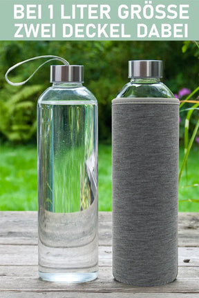 Glastrinkflasche mit zwei Edelstahl Deckeln für Kohlensäure geeignet - TRENDY AND NEW