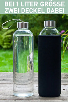 Wasserflasche aus Glas mit 2 Deckel, Hülle für Kohlensäure geeignet - TRENDY AND NEW
