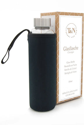 Glastrinkflasche mit schwarzer Hülle und Edelstahl Deckel - TRENDY AND NEW