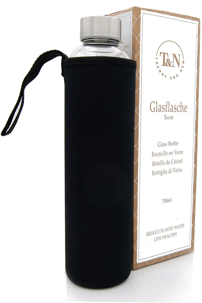 Trinkflasche Glas 750ml mit schwarzer Schutzhülle und Edelstahl Deckel - TRENDY AND NEW