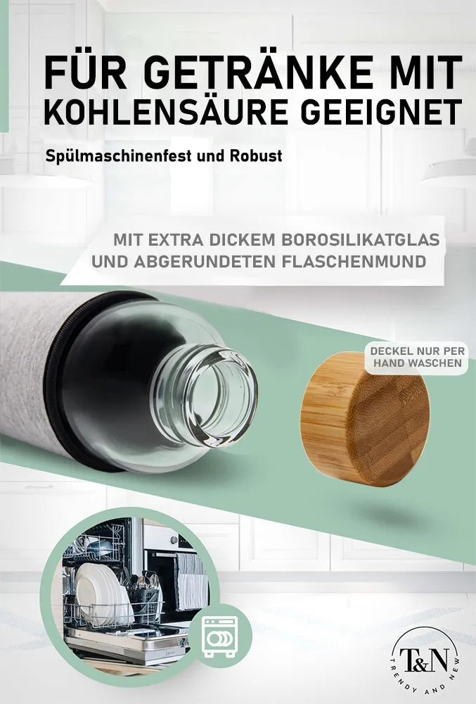 T&N Glasflasche spülmaschinenfest mit Bambus Holzdeckel und Hülle - TRENDY AND NEW
