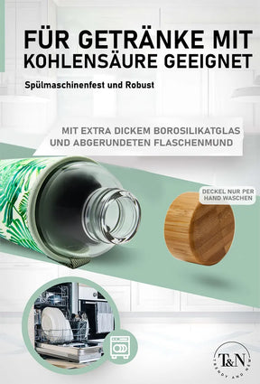 Glasflasche robust und spülmaschinenfest mit Bambus Holzdeckel - TRENDY AND NEW