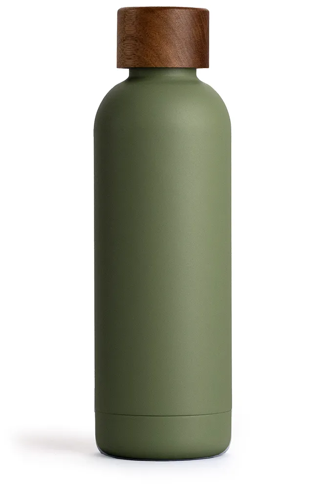 Stahlflasche 500ml olive green, olivgrün, für Kinder geeignet mit Holzdeckel - TRENDY AND NEW
