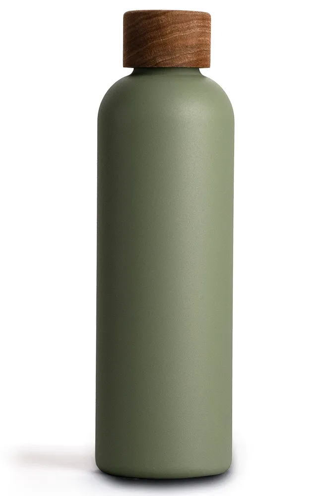 T&N Metall Flasche 750ml olive green, olivgrün, mit Holzdeckel - TRENDY AND NEW