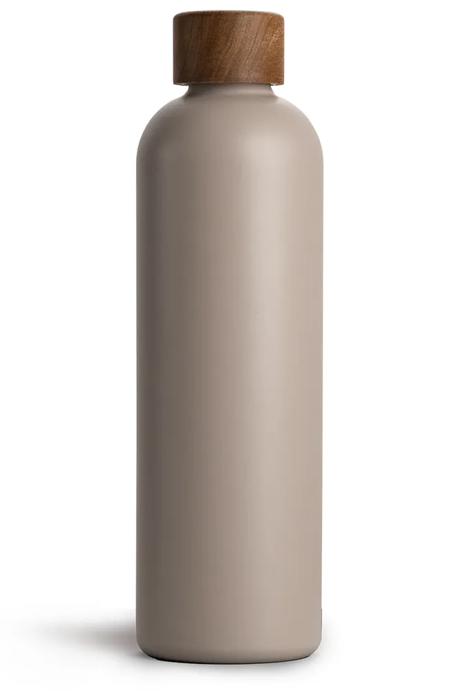 T&N Edelstahl Trinkflasche 1l mud grey, grau, taupe, mit Holzdeckel - TRENDY AND NEW