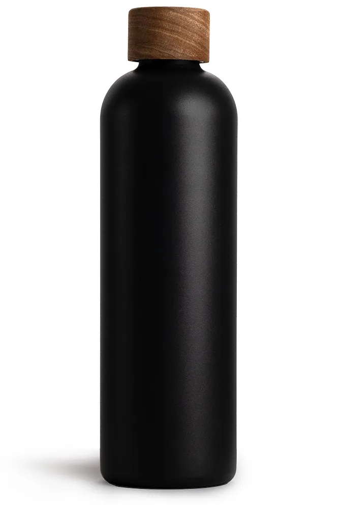 T&N Edelstahl Trinkflasche 1 Liter anthrazit, schwarz mit Holzdeckel - TRENDY AND NEW