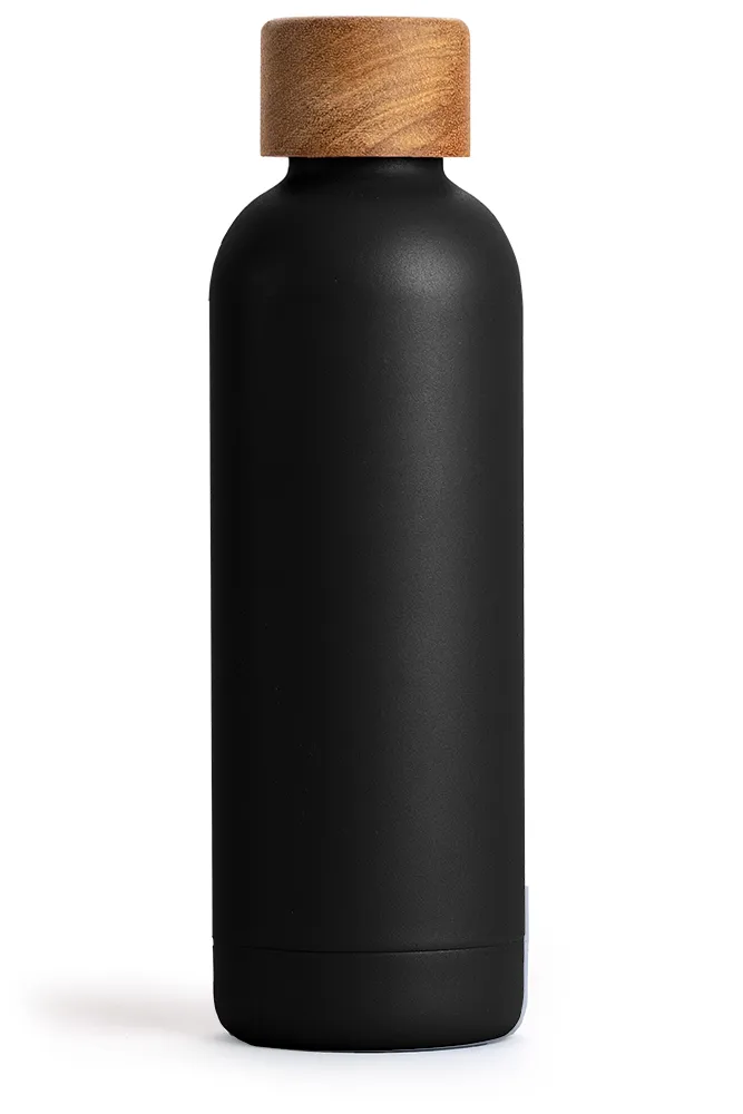 T&N Edelstahl Trinkflasche 500ml schwarz, anthrazit mit Holzdeckel - TRENDY AND NEW