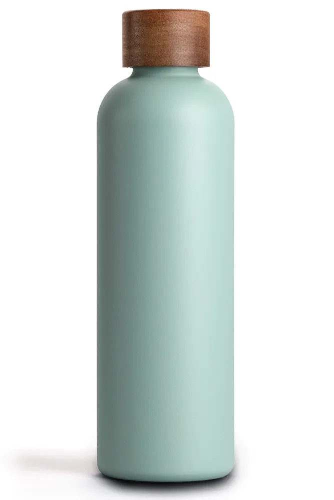 T&N Edelstahl Trinkflasche 750ml türkis blau pastell mit Holzdeckel für kohlensäurehaltige Getränke geeignet hält 29 Stunden eiskalt - TRENDY AND NEW